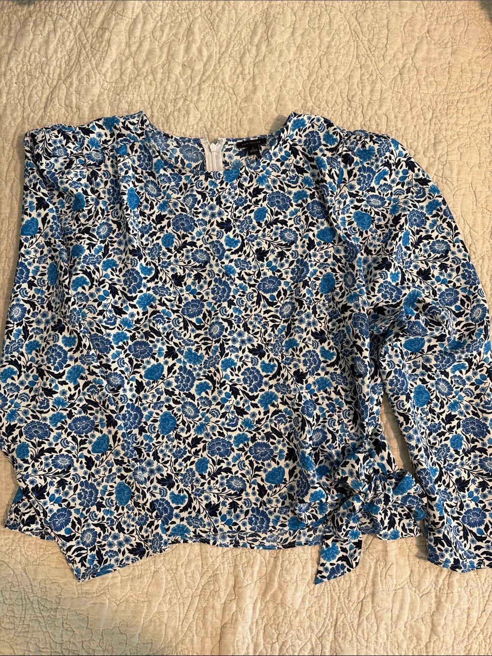 Ann Taylor Blue Floral Wrap Front Tie-Waist Blouse